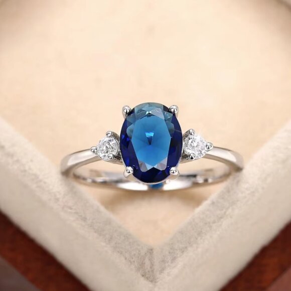 NEW 14k White Gold Blue Sapphire Diamond Ring Oval Cut Ring - Picture 1 of 6